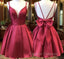 A Line V Neck Short Burgundy Backless Prom Dress, Short Wine Red Formal Homecoming Dress