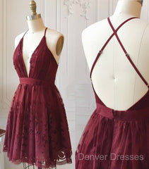A Line V Neck Short Burgundy Lace Prom Dress, Short Burgundy Lace Formal Homecoming Dress