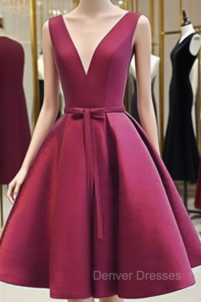A Line V Neck Short Burgundy Prom Dress, Short V Neck Wine Red Graduation Homecoming Dress Main image