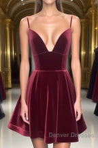 A Line V Neck Short Burgundy Prom Dress, Short Wine Red Formal Homecoming Dress