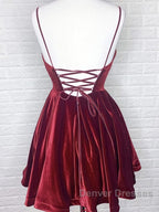 A Line V Neck Short Burgundy Prom Dress, Short Wine Red Formal Homecoming Dress