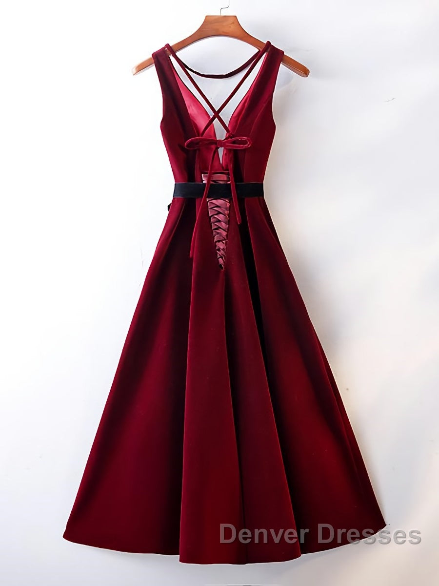 A Line V Neck Short Burgundy Prom Dress, Wine Red Short Formal Graduation Homecoming Dress