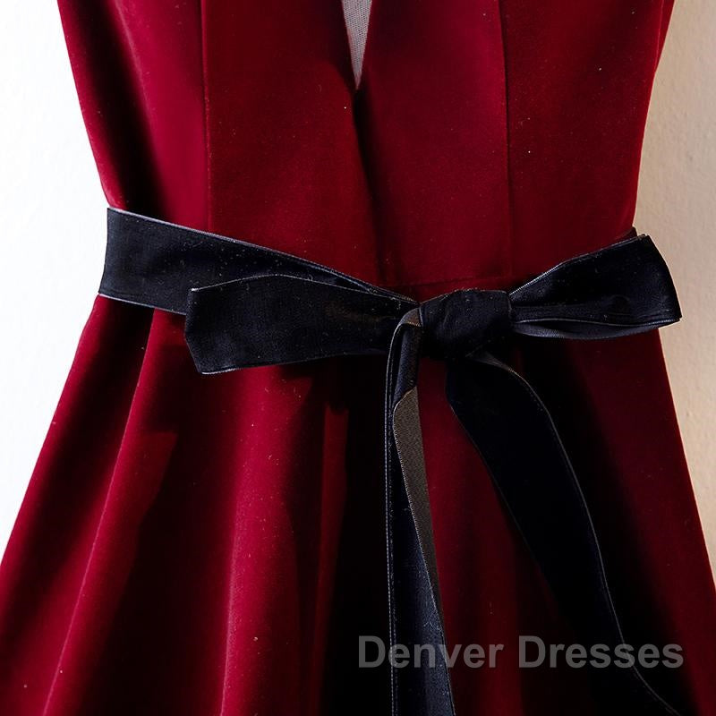 A Line V Neck Short Burgundy Prom Dress, Wine Red Short Formal Graduation Homecoming Dress