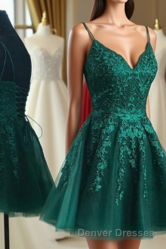 A Line V Neck Short Dark Green Lace Prom Dress, Dark Green Lace Formal Homecoming Dress Main image