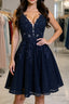 A Line V Neck Short Dark Navy Blue Lace Prom Dress, Dark Navy Blue Lace Homecoming Graduation Dress