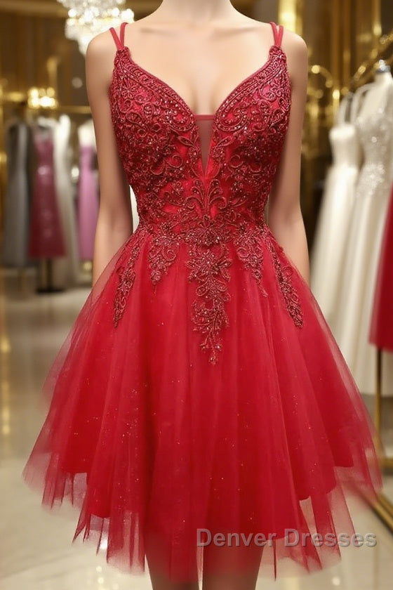 A Line V Neck Short Dark Red Lace Prom Dress, Short Dark Red Lace Formal Homecoming Dress Main image