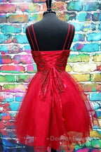 A Line V Neck Short Dark Red Lace Prom Dress, Short Dark Red Lace Formal Homecoming Dress