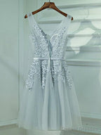 A Line V Neck Short Gray Lace Prom Dresses, Short Gray Lace Formal Homecoming Dresses
