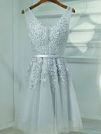 A Line V Neck Short Gray Lace Prom Dresses, Short Gray Lace Formal Homecoming Dresses