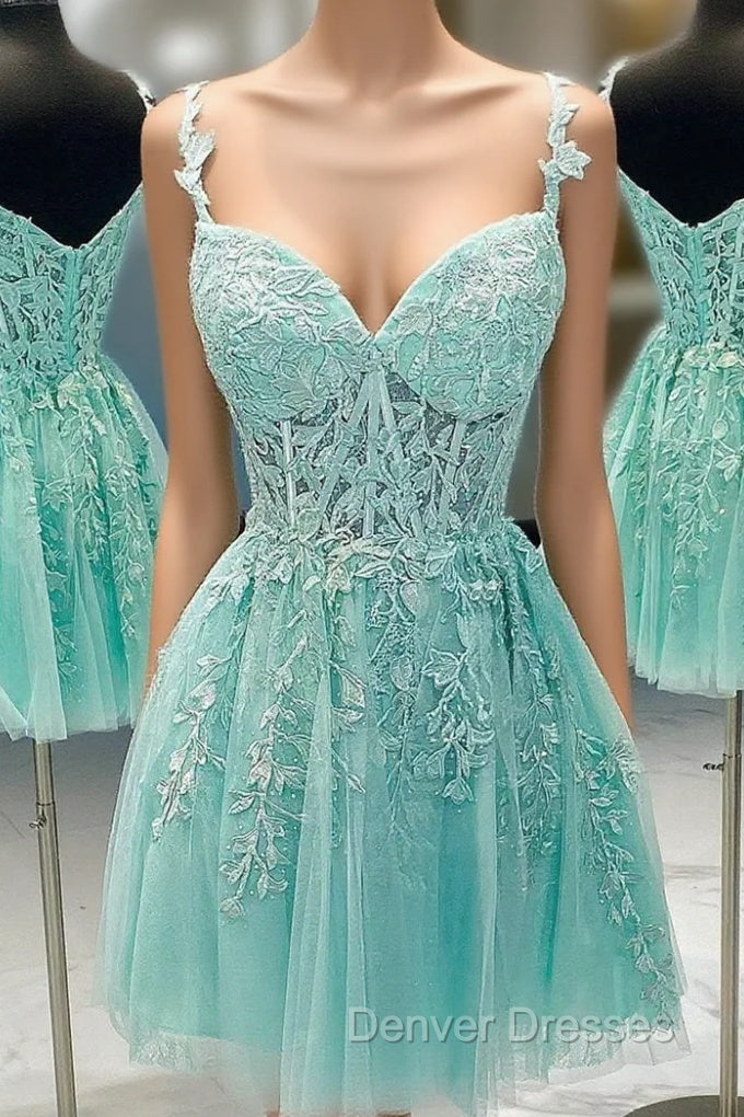 A Line V Neck Short Green Lace Prom Dress, Short Green Lace Formal Homecoming Dress