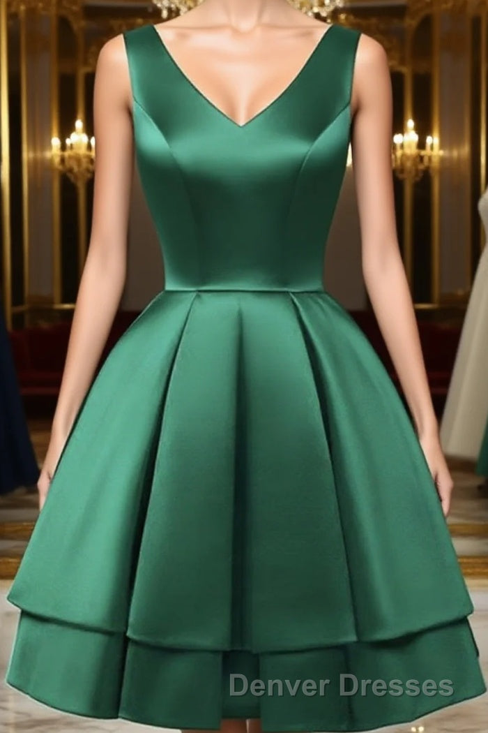 A Line V Neck Short Green Satin Prom Dress, Short Green Satin Homecoming Graduation Dress