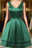 A Line V Neck Short Green Satin Prom Dress, Short Green Satin Homecoming Graduation Dress
