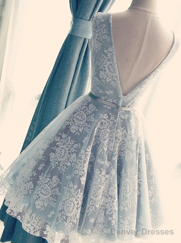 A Line V Neck Short Lace Prom Dresses, Homecoming Graduation Dresses, Short Lace Bridesmaid Dresses