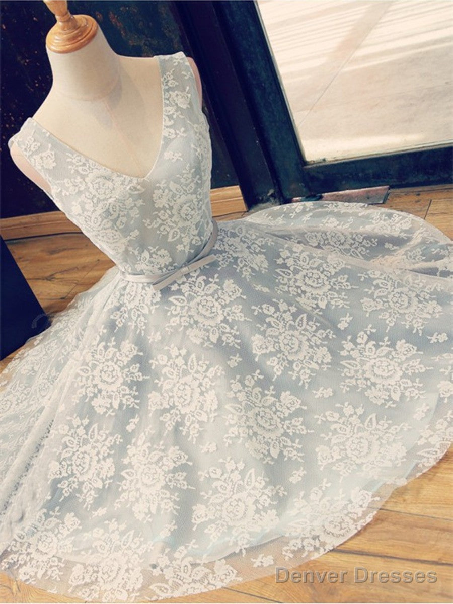 A Line V Neck Short Lace Prom Dresses, Homecoming Graduation Dresses, Short Lace Bridesmaid Dresses