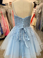 A Line V Neck Short Light Blue Lace Prom Dress, Short Light Blue Lace Homecoming Dress