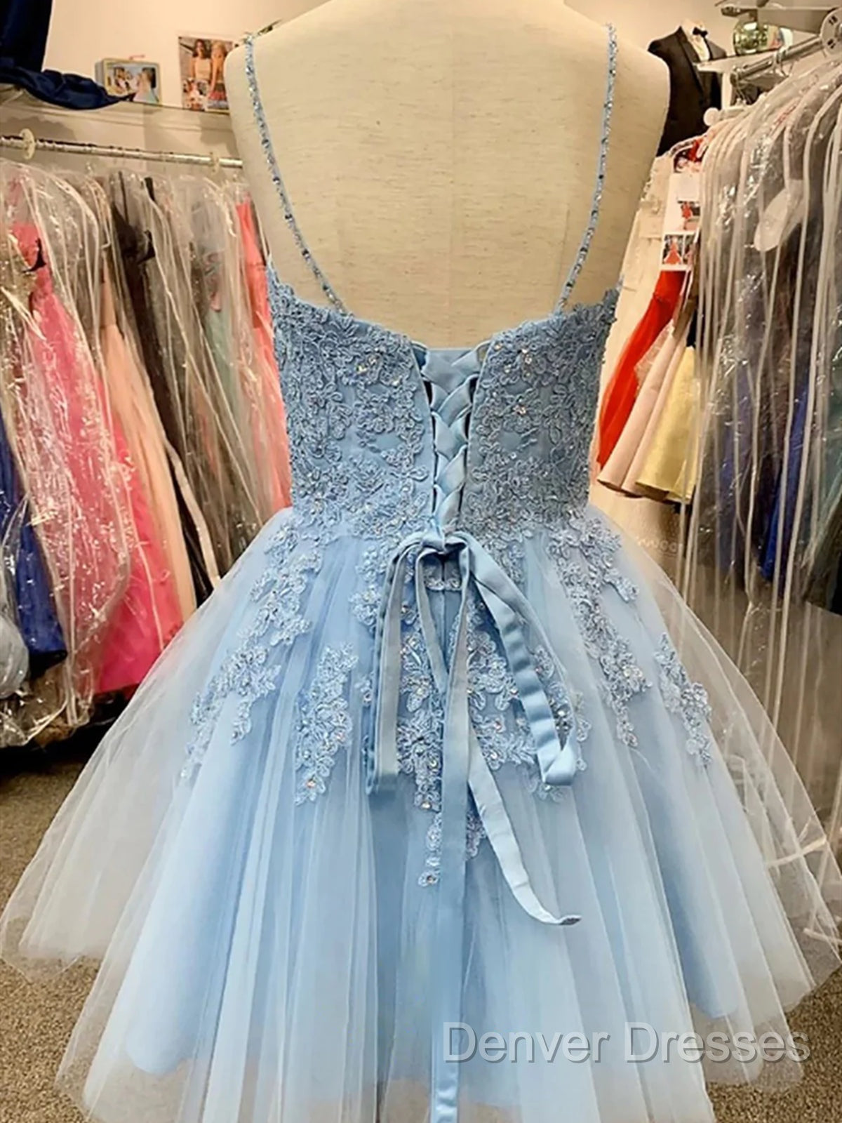 A Line V Neck Short Light Blue Lace Prom Dress, Short Light Blue Lace Homecoming Dress