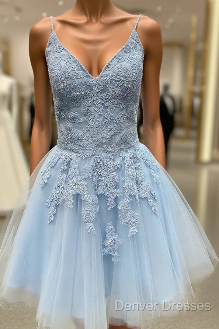 A Line V Neck Short Light Blue Lace Prom Dress, Short Light Blue Lace Homecoming Dress Main image