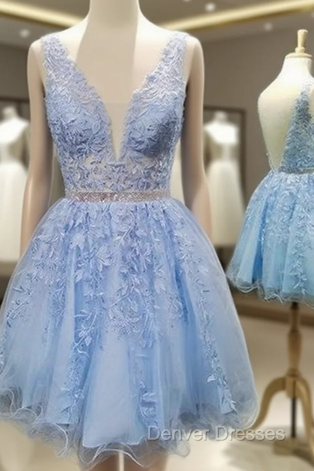 A-line V Neck Short/Mini Lace Homecoming Dress With Appliqued Beading