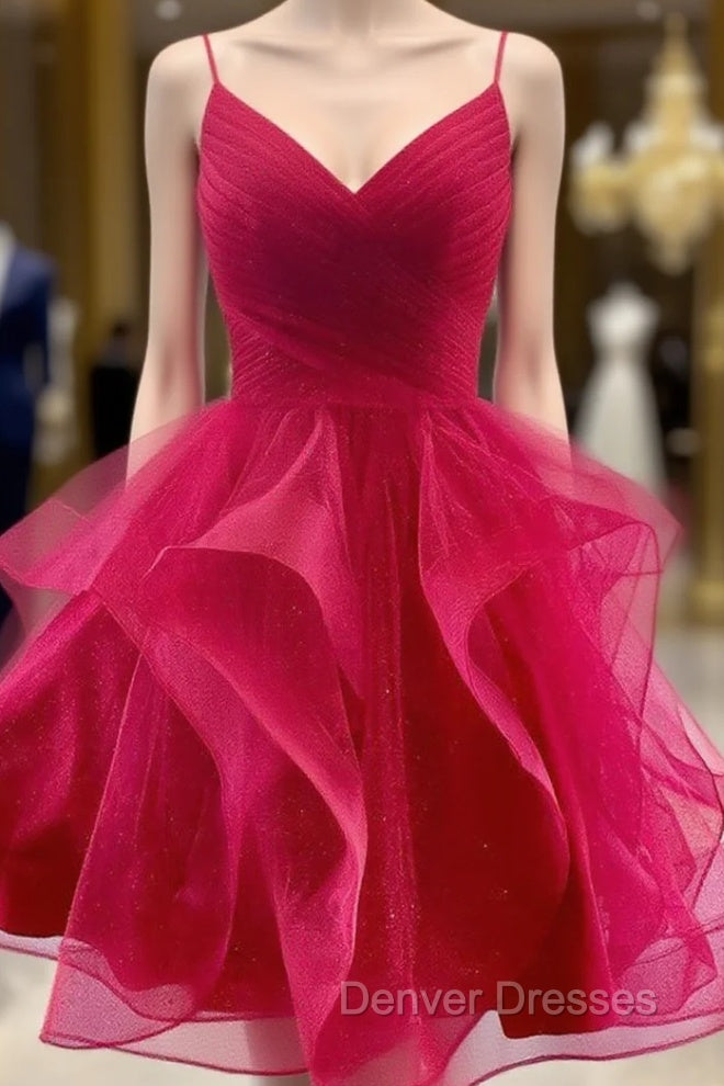 A-line V Neck Short/Mini Tulle Homecoming Dress With Glitter Pleated