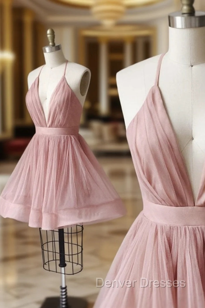 A Line V Neck Short Pink Prom Dress, Short Pink V Neck Graduation Homecoming Dress