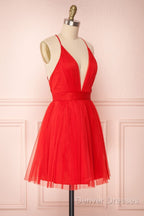 A Line V Neck Short Red/Burgundy Tulle Prom Dress, Short Red/Burgundy Graduation Homecoming Dress