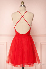 A Line V Neck Short Red/Burgundy Tulle Prom Dress, Short Red/Burgundy Graduation Homecoming Dress