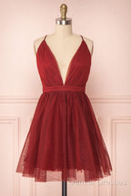 A Line V Neck Short Red/Burgundy Tulle Prom Dress, Short Red/Burgundy Graduation Homecoming Dress