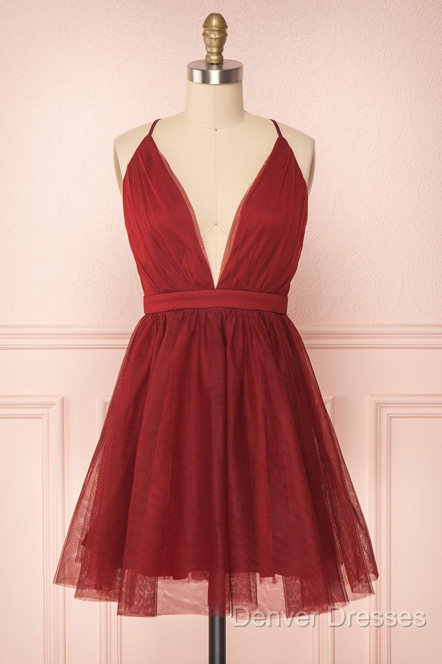 A Line V Neck Short Red/Burgundy Tulle Prom Dress, Short Red/Burgundy Graduation Homecoming Dress