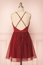 A Line V Neck Short Red/Burgundy Tulle Prom Dress, Short Red/Burgundy Graduation Homecoming Dress