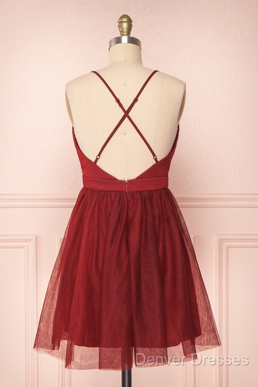 A Line V Neck Short Red/Burgundy Tulle Prom Dress, Short Red/Burgundy Graduation Homecoming Dress