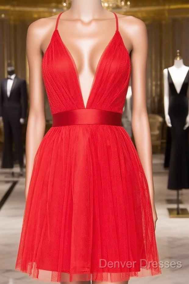 A Line V Neck Short Red/Burgundy Tulle Prom Dress, Short Red/Burgundy Graduation Homecoming Dress Main image