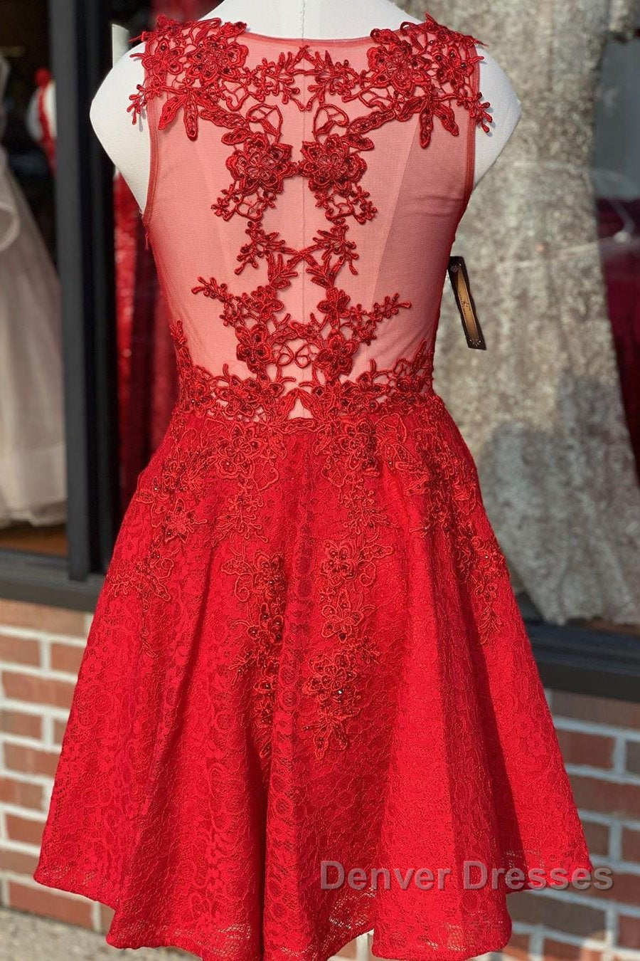A Line V Neck Short Red Lace Prom Dress, Red Lace Formal Graduation Homecoming Dress Secondary image