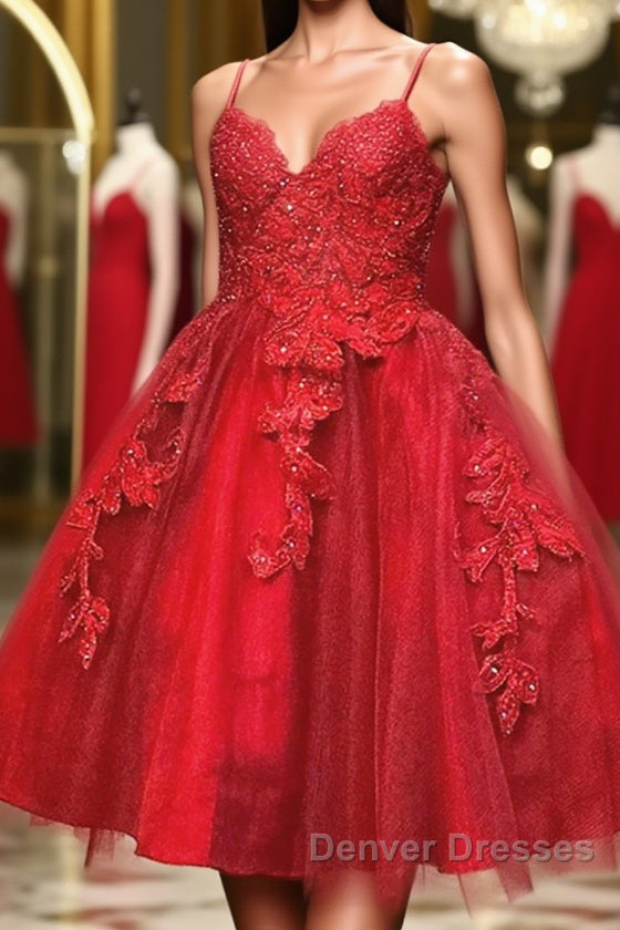 A Line V Neck Short Red Lace Prom Dress, Short Red Lace Formal Homecoming Dress