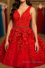 A Line V Neck Short Red Lace Prom Dress, Short Red Lace Formal Homecoming Dress