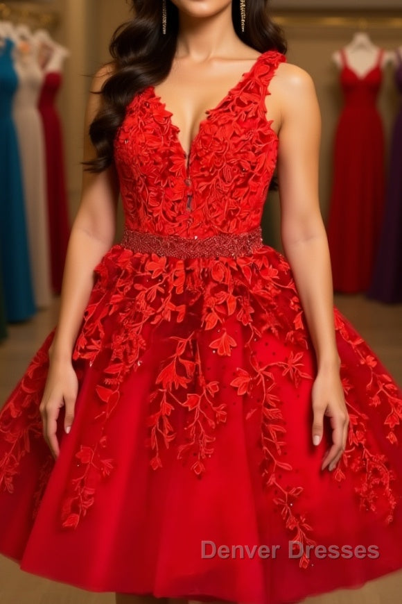 A Line V Neck Short Red Lace Prom Dress, Short Red Lace Formal Homecoming Dress Main image