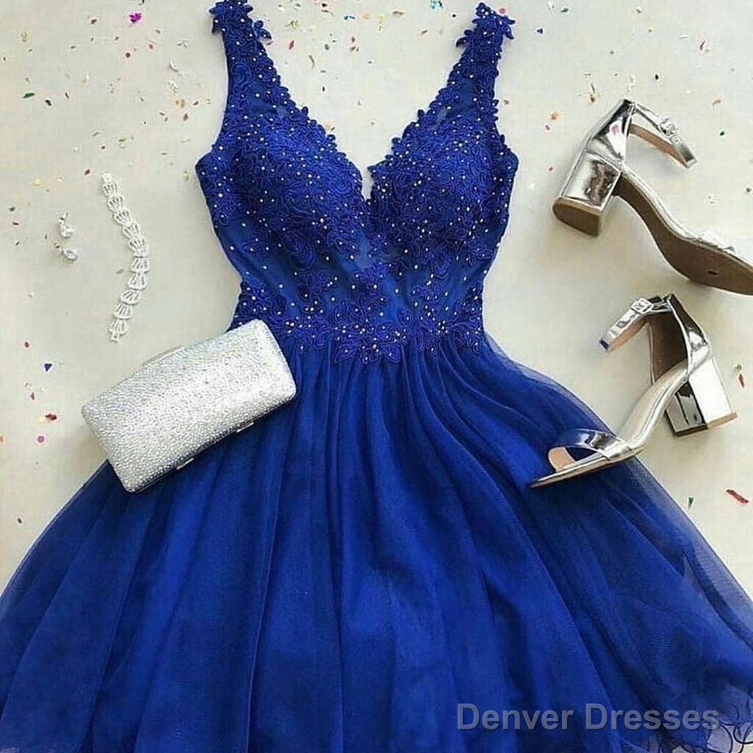 A Line V Neck Short Royal Blue Lace Prom Dresses, Short Royal Blue Lace Formal Homecoming Dresses Secondary image