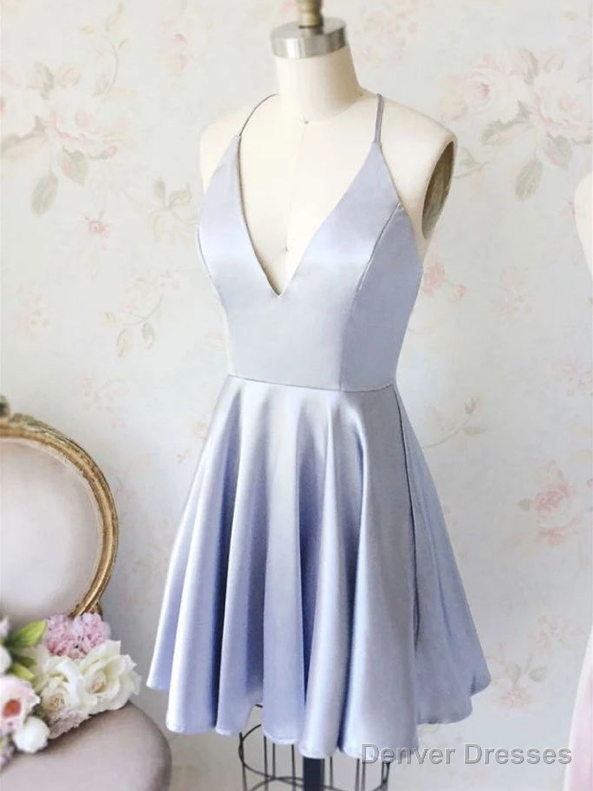 A Line V Neck Short Silver Gray Prom Dresses, Short Silver Gray Homecoming Graduation Dresses