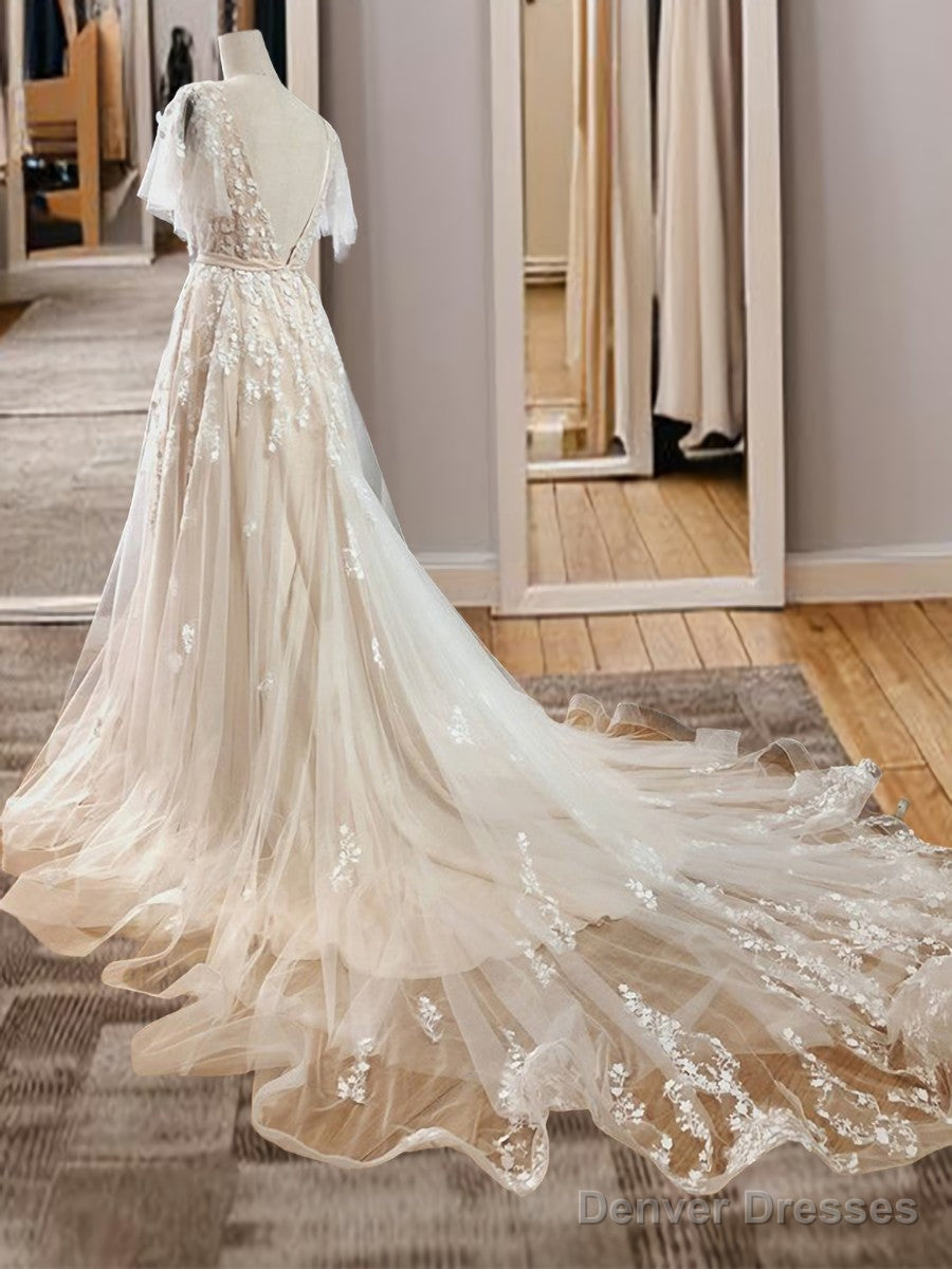 A-Line V-Neck Short Sleeves Appliques Lace Sweep Train Tulle Wedding Dress