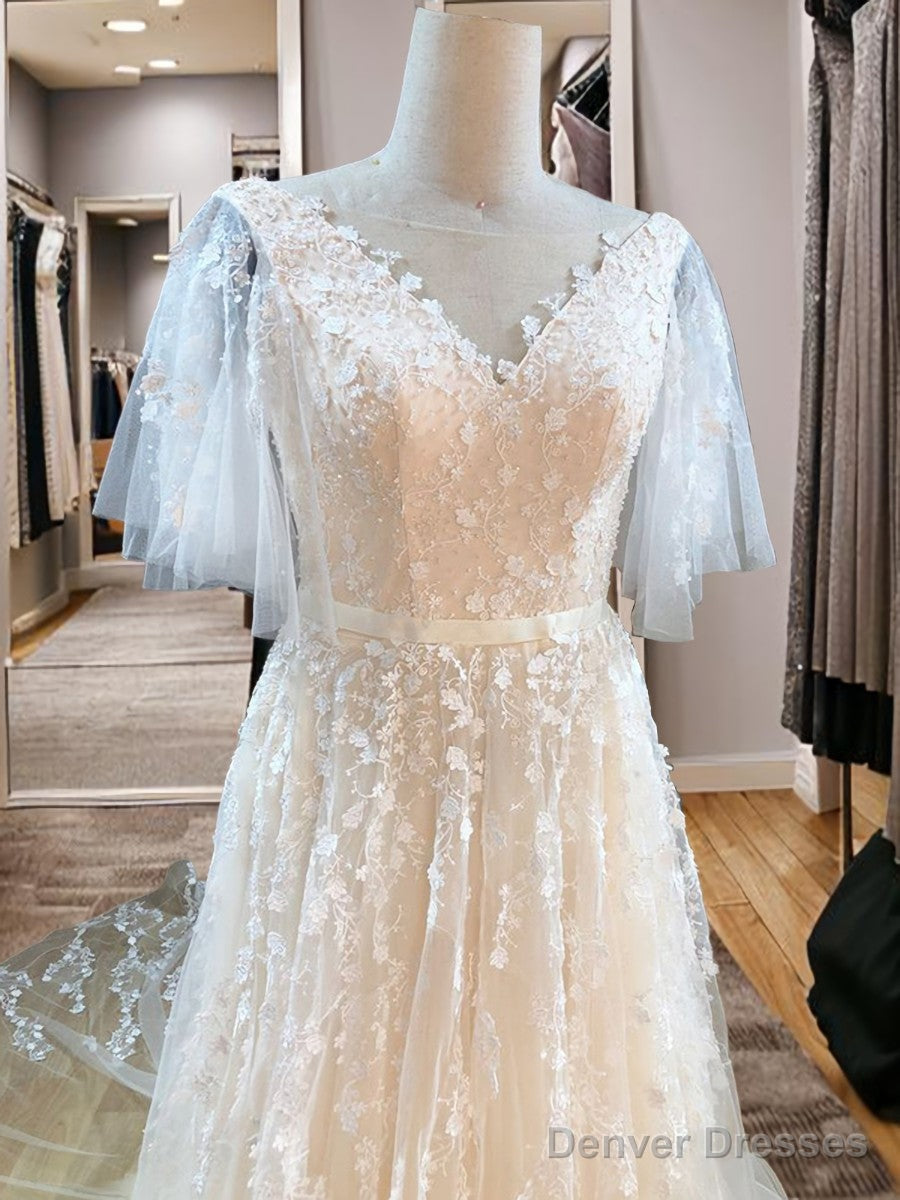 A-Line V-Neck Short Sleeves Appliques Lace Sweep Train Tulle Wedding Dress