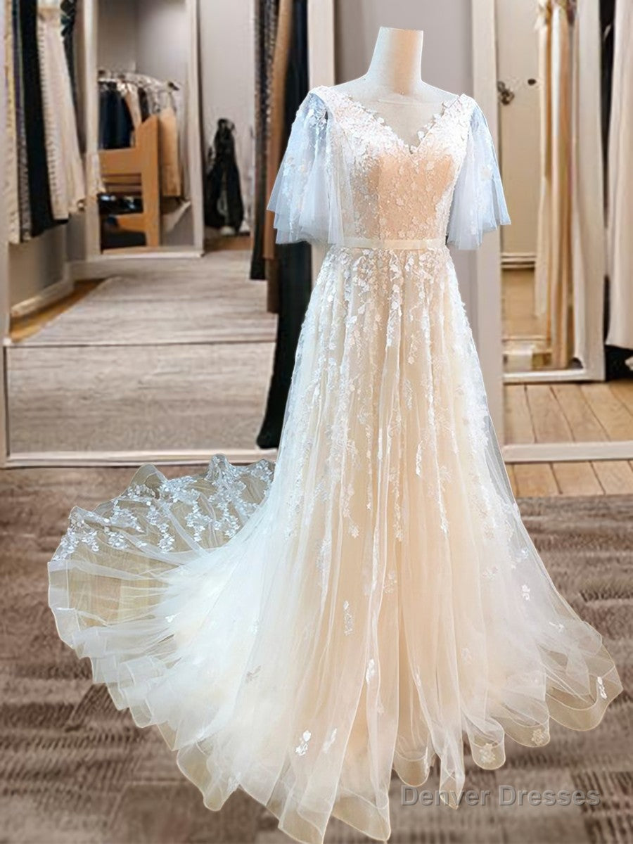 A-line V-neck Short Sleeves Appliques Lace Sweep Train Tulle Wedding Dress Main image