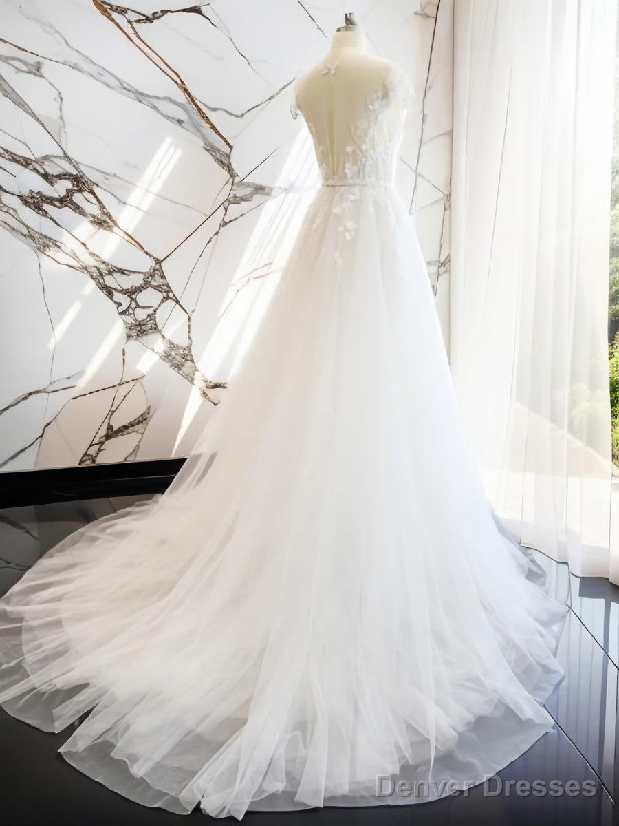 A-Line V-Neck Short Sleeves Hand-Made Flower Court Train Tulle Wedding Dress Secondary image