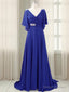 A-line V-neck Short Sleeves Pleated Sweep Train Chiffon Mother of the Bride Dress