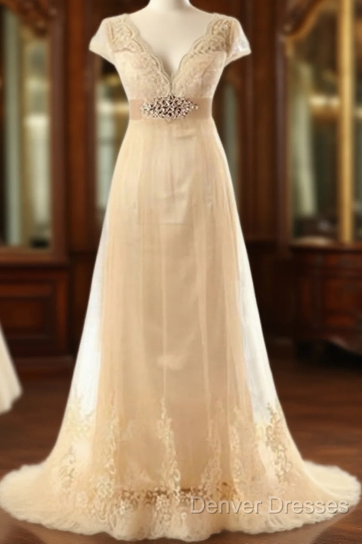 A-Line V-Neck Short Sleeves Sash/Ribbon/Belt Sweep Train Tulle Wedding Dress