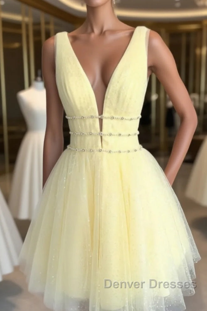 A Line V Neck Short Yellow Prom Dress, Short V Neck Yellow Formal Homecoming Dress Main image