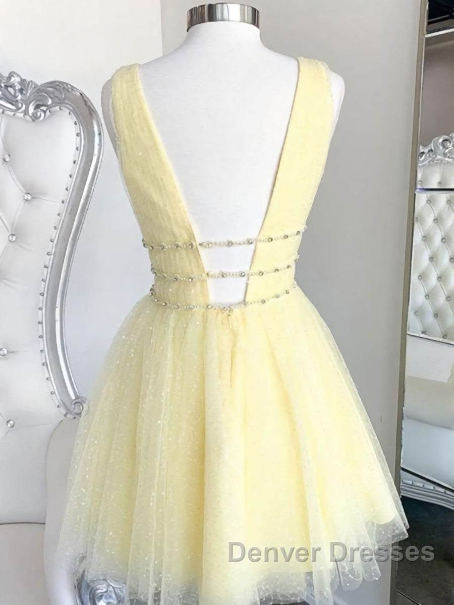 A Line V Neck Short Yellow Prom Dress, Short V Neck Yellow Formal Homecoming Dress