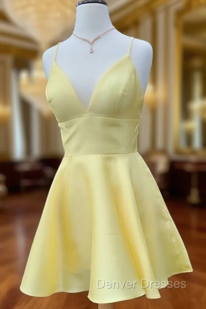 A Line V Neck Short Yellow Prom Dress, Short Yellow V Neck Graduation Homecoming Dress Main image