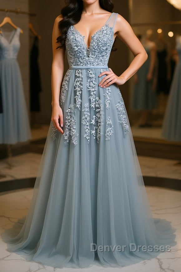 A Line V Neck Silver Gray Lace Prom Dress, Grey Lace Formal Evening Dress Main image