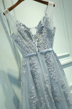 A Line V Neck Silver Gray Lace Prom Dress, Grey Lace Formal Evening Dress