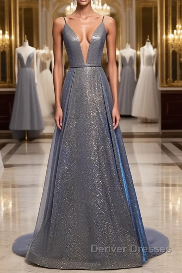 A Line V Neck Silver Gray Long Prom Dress, Gray Long Formal Evening Dress Main image