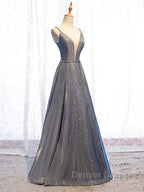 A Line V Neck Silver Gray Long Prom Dress, Gray Long Formal Evening Dress